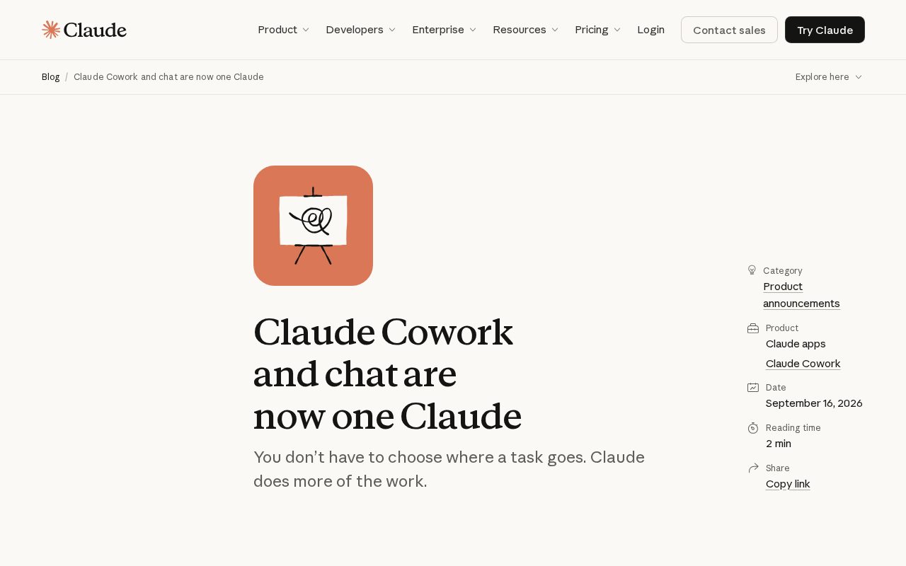 Anthropic 발표 페이지 — Claude Cowork and chat are now one Claude