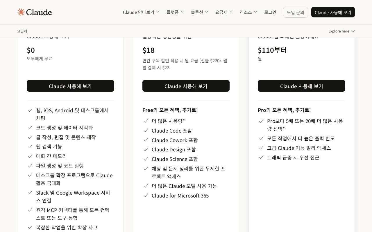 claude.com 한국어 요금 페이지 — Pro $18(연간)·월별 $22, Max $110부터